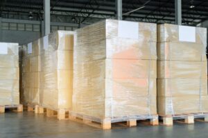stack package boxes wrapping stretch plastic on pallet at storage warehouse, cargo shipment delivery, business industrial transportation,